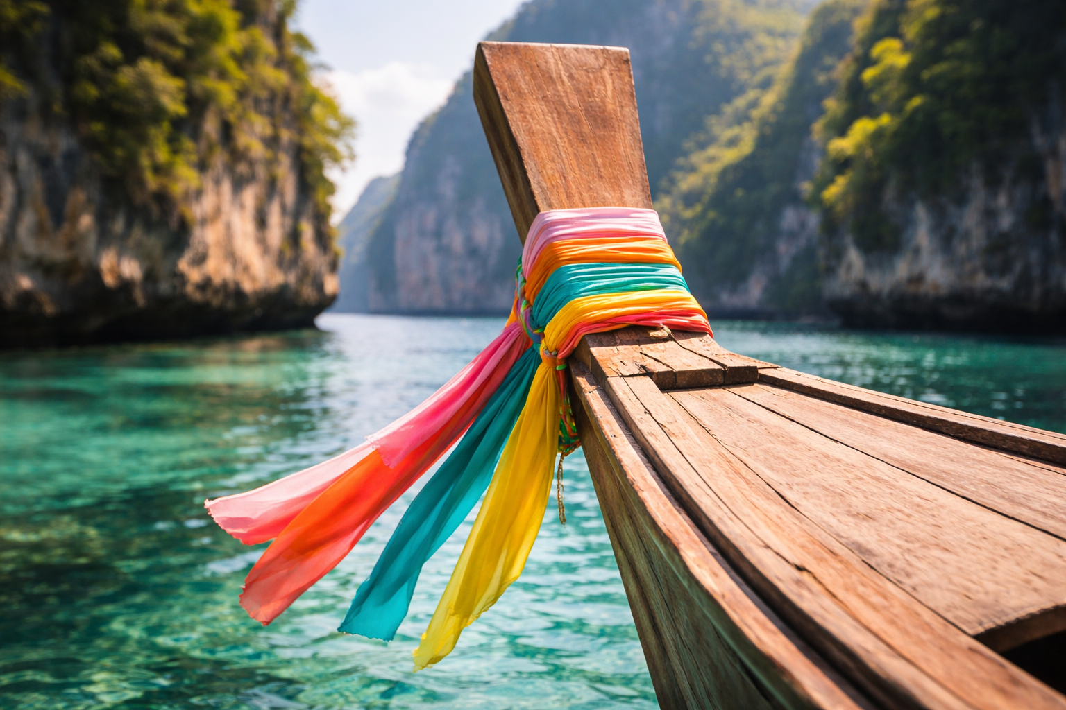 Longtail boat bow detail with ribbons